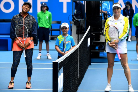 Japan's Naomi Osaka (left) and Russia's Anastasia Pavlyuchenkova pose for pictures before their women's singles match on day one of the Australian Open tennis tournament in Melbourne on Monday