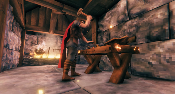 Valheim player crafting better gear on an improved Workbench