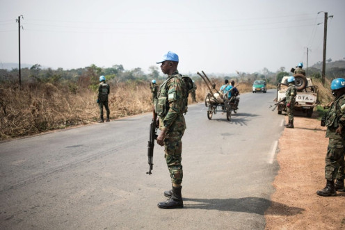 Rwandan UN peacekeepers in the Central African Republic deployed at checkpoints on the road from Bangui to Damara