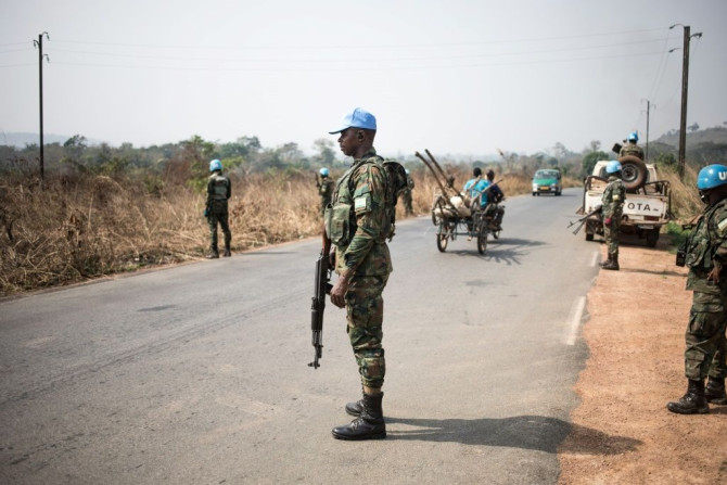 Rwandan UN peacekeepers in the Central African Republic deployed at checkpoints on the road from Bangui to Damara