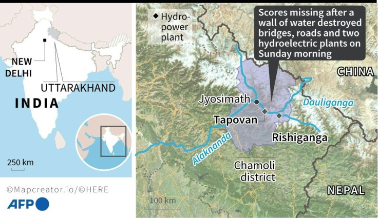 Map locating the two hydroelectric power plants buried by a torrent in India's Uttarakhand state, thought to have been caused by a chunk of glacier breaking off
