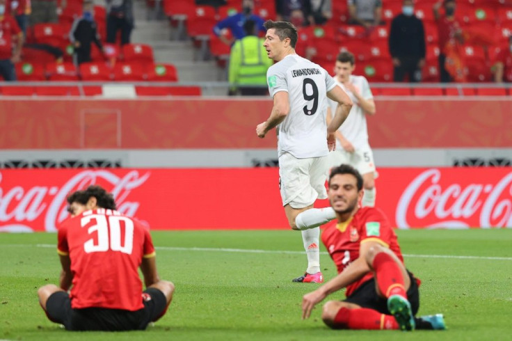 Robert Lewandowski (C) celebrates scoring for Bayern Munich in Monday's Club World Cup semi-final against Egypt's Al Ahly