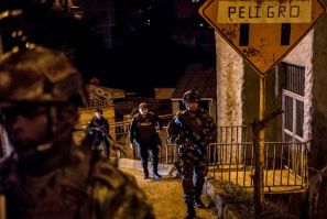 Colombian soldiers and police patrol during a nationwide three-day armed strike called by ELN left-wing guerrillas in Medellin, Colombia on February 15, 2020