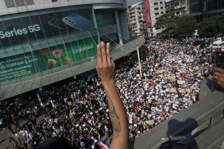 The three-finger salute  has become the trademark sign of  protesters in Myanmar