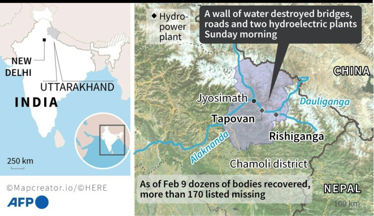 Map locating the two hydro-power plants buried by a torrent in India's Uttarakhand state, after a glacier fell into a river and caused flash flooding.
