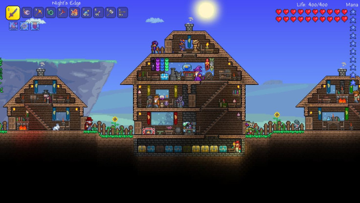 A player-made town populated with NPCs in Terraria