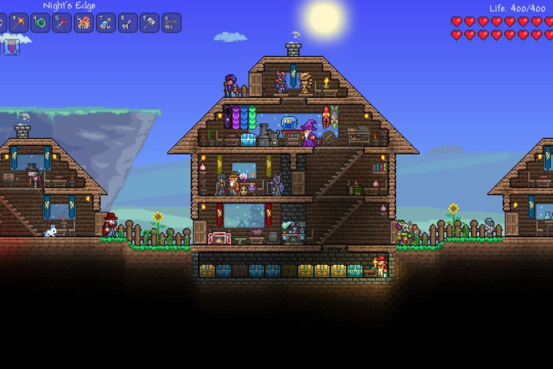 A player-made town populated with NPCs in Terraria