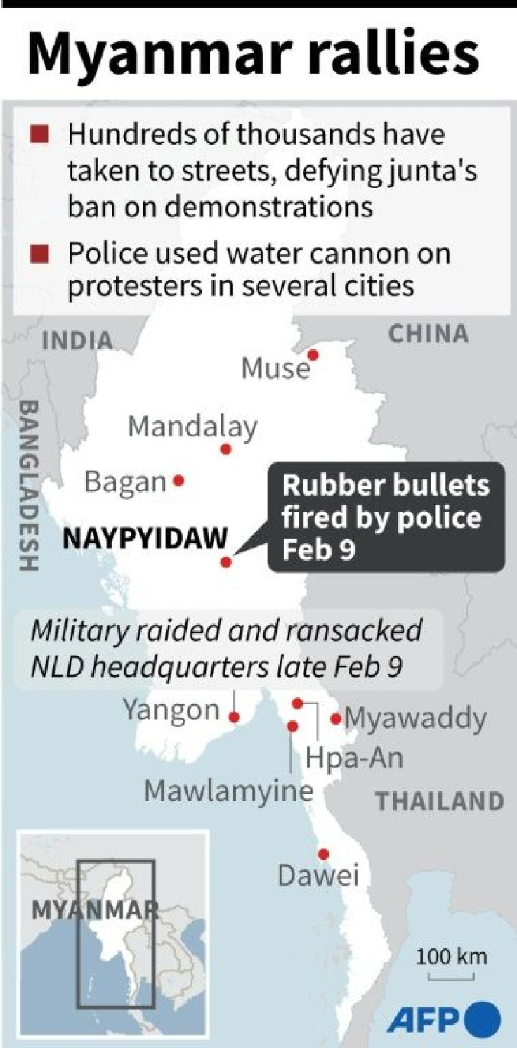 Map of Myanmar showing the cities where the main anti-coup protests have taken place over the past week