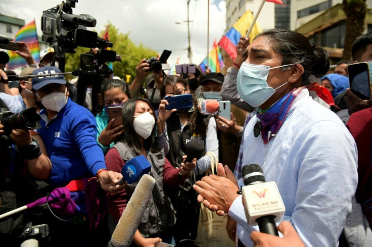 Ecuador Presidential cadidate Yaku Perez speaks to reporters outside the National Electoral Council in Quito