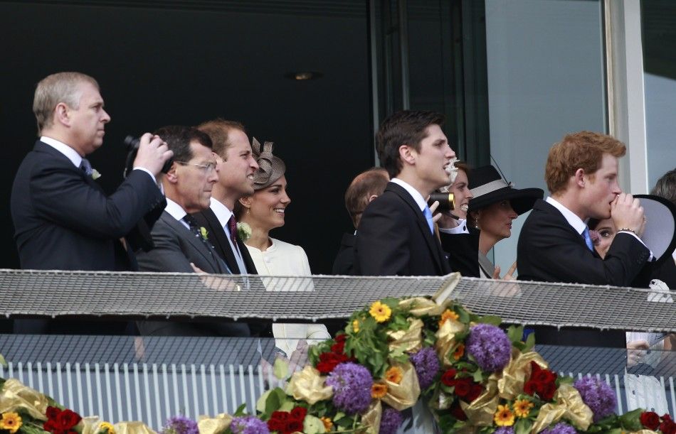 Britain039s Prince Andrew, Prince William Catherine the Duchess of Cambridge, and Prince Harry watch the Epsom Derby at Epsom Racecourse in southern England