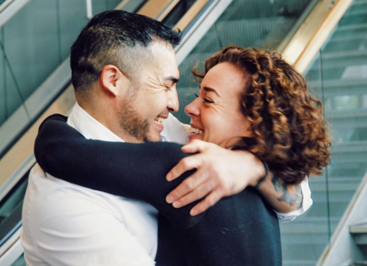 Mari Solberg (R) and Brandon Ballin reunite on September 26, 2020, at the Oslo's Gardermoen International Airport