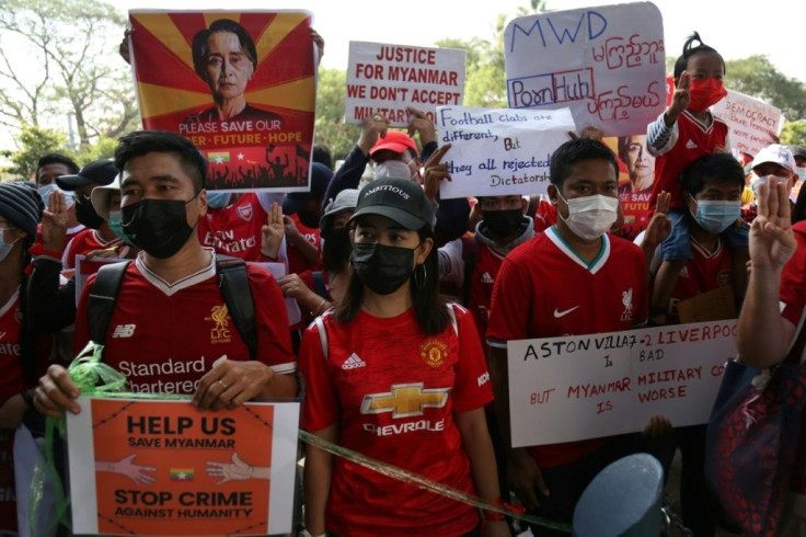 Massive protests were back underway in Yangon, including a contingent of Premier League fans who put aside their club rivalries to protest the coup