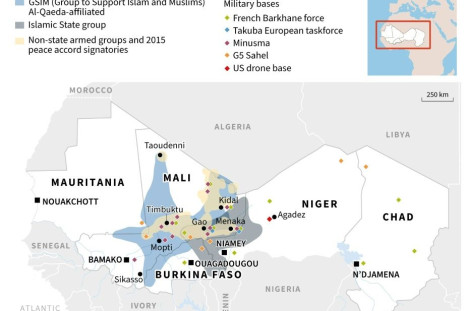Map showing zones of influence by armed groups in the Sahel and regional military bases