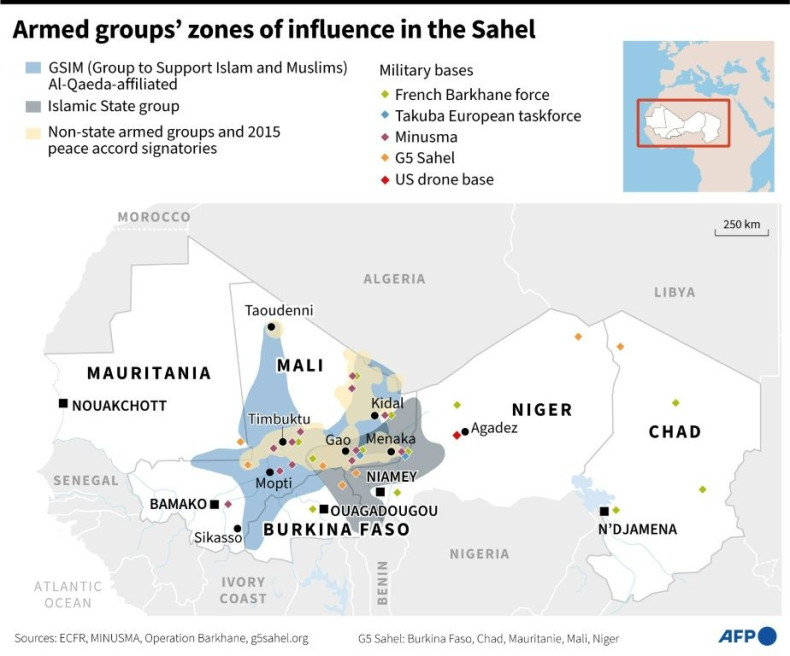Map showing zones of influence by armed groups in the Sahel and regional military bases