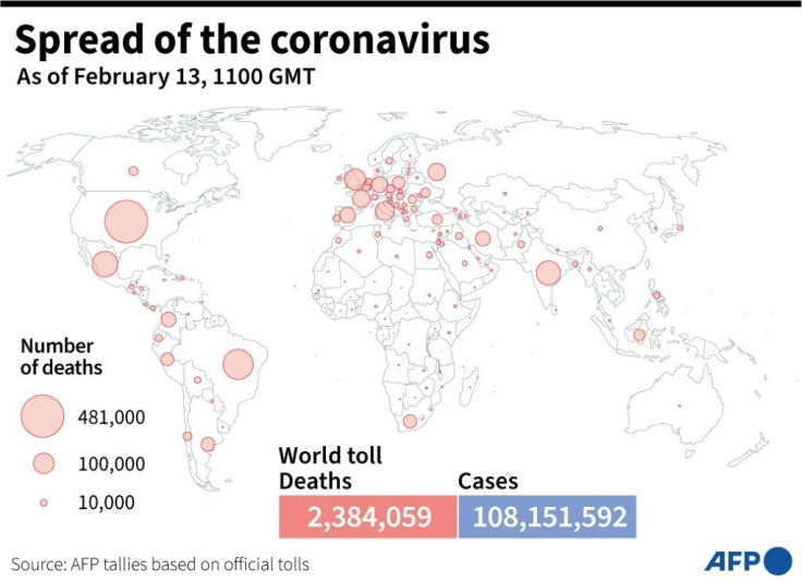 Map showing coronavirus deaths by country, based on AFP tallies, as of February 13 at 1100 GMT