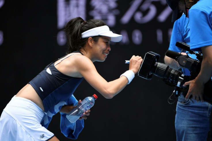 Taiwan's Hsieh Su-wei signed a TV camera after her win over Marketa Vondrousova