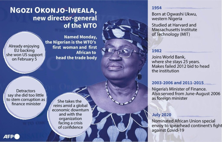 Nigeria's Ngozi Okonjo-Iweala has been named as the World Trade Organization's first African and female head.