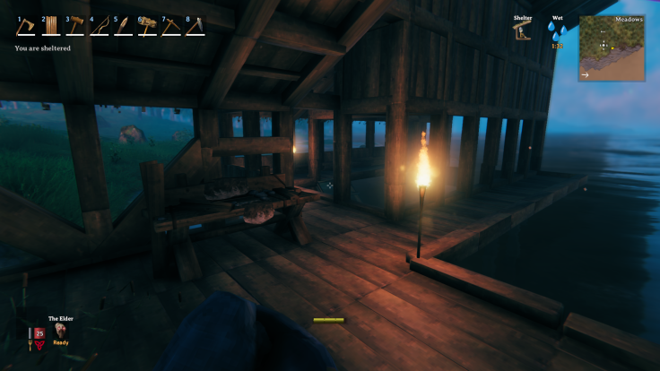 A small player-built dock in Valheim