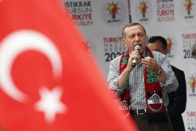 Turkey&#039;s Prime Minister Erdogan addresses his Justice and Development Party (AKP) supporters during an election rally in Diyarbakir
