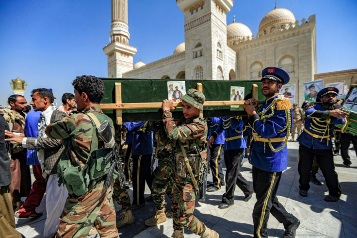 Huthi supporters hold funerals for fallen fighters in Sanaa on Tuesday as the battle rages in nearby Marib