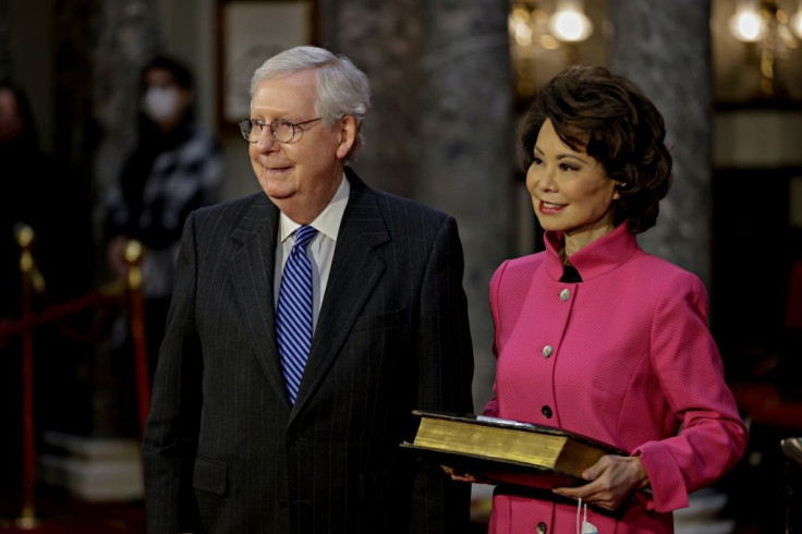 Former president Donald Trump also took aim at Elaine Chao (R), the Chinese-American wife of Senate Republican leader Mitch McConnell, who was transportation secretary in Trump's cabinet