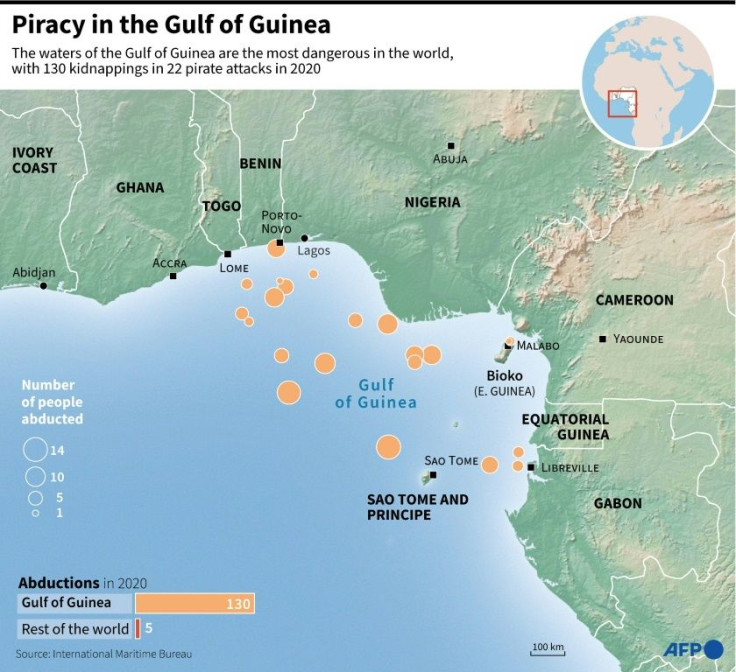 Map showing the locations of pirate kidnappings in the Gulf of Guinea in 2020