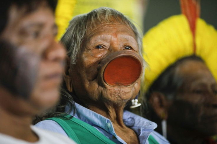 Raoni Metuktire speaking with journalists in Feburary 2020. President Jair Bolsonaro is pushing to open protected lands to mining and agribusiness