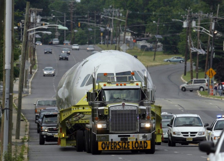 US Airways flight 1549 also known as the Miracle on the Hudson rolls rolls along Route 130 in Brooklawn, New Jersey