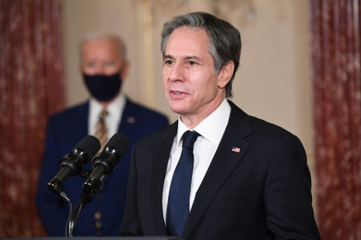 Secretary of State Antony Blinken speaks to staff at the US State Department on February 4, 2020 during a visit by President Joe Biden