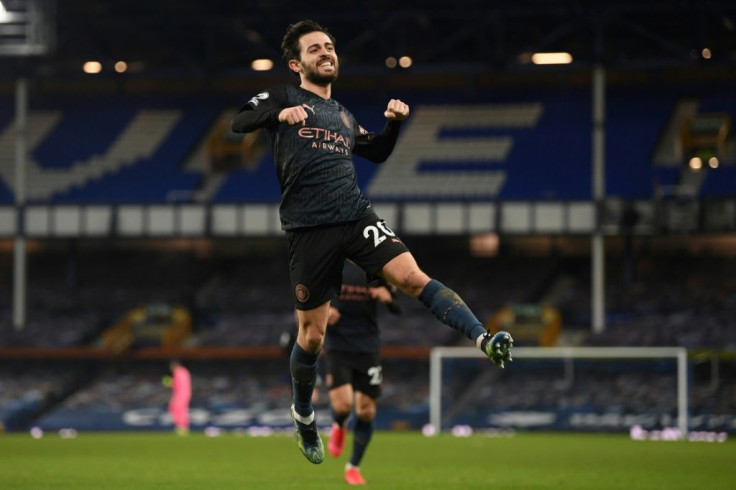 Manchester City midfielder Bernardo Silva celebrates scoring at Everton