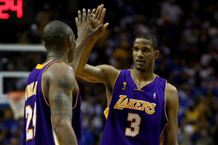 Kobe Bryant #24 and Trevor Ariza #3 of the Los Angeles Lakers