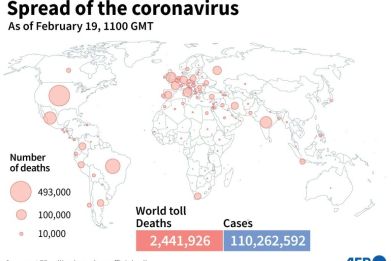 Global death toll and coronavirus cases as of February 19, based on AFP tallies