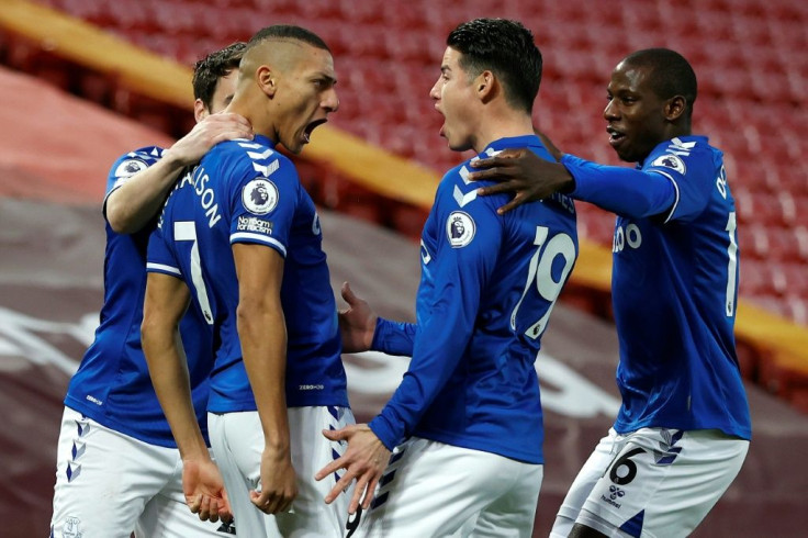 What a start: Everton's Brazilian striker Richarlison celebrates scoring his team's first goal