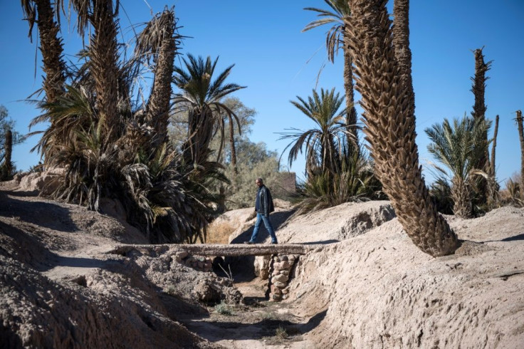 An irrigation ditch in Skoura, Morocco in an area threatened by desertification, seen on January 27, 2020