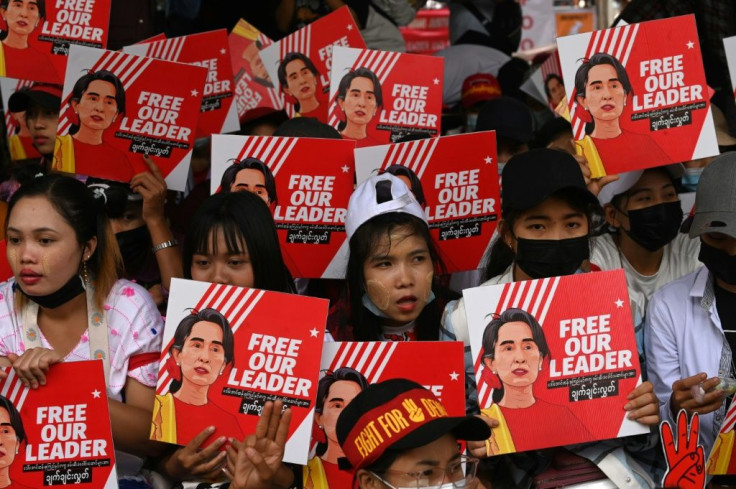 Protesters outside the US Embassy in Yangon on Sunday