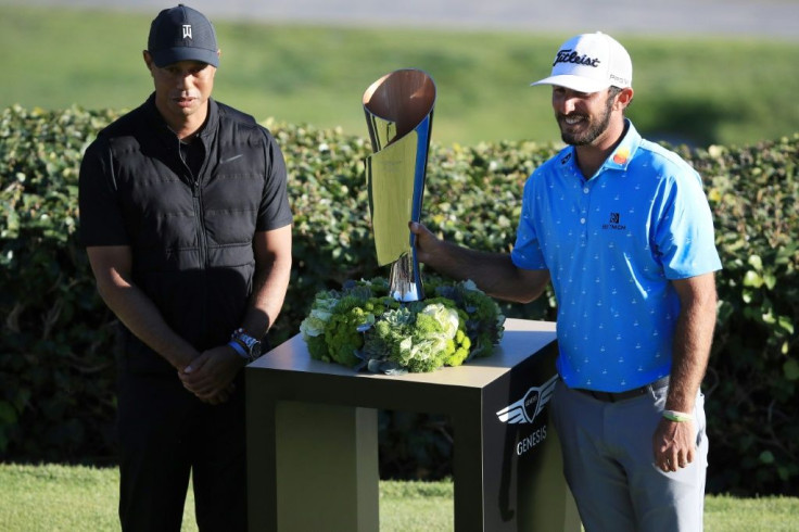 Tiger Woods, a 15-time major winner at left with 2021 PGA Genesis Invitational winner Max Homa, said Sunday he wants to play in April's Masters but isn't sure his surgically repaired back will be ready by then