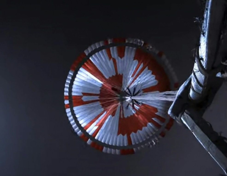 A video grab photo of the parachute used in the landing of NASA's Perseverance rover on Mars
