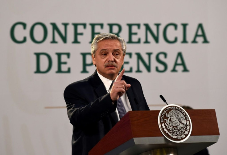 Argentine president Alberto Fernandez, pictured at a press conference during an official visit to Mexico, called the vaccine line-jumping incident in his country "reprehensible" but warned that vaccines should not be politicized