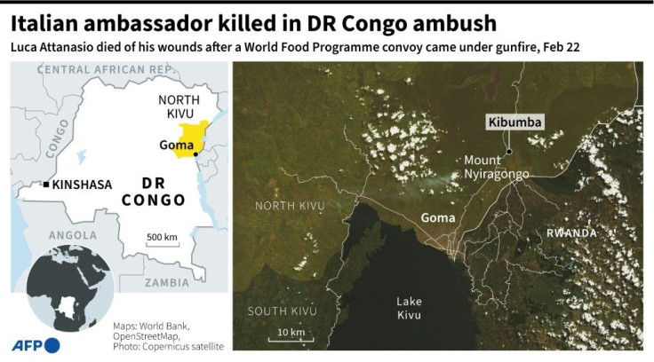 Map of DR Congo's eastern Goma region and Kibumba where Italy's ambassador was killed in an attack on a UN convoy, Feb 22