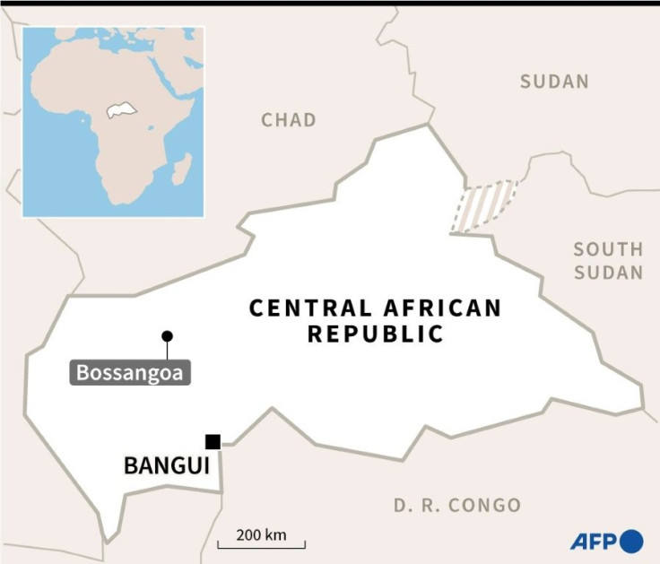 A map of Central African Republic locating the town of Bossangoa, seized by pro-government forces.