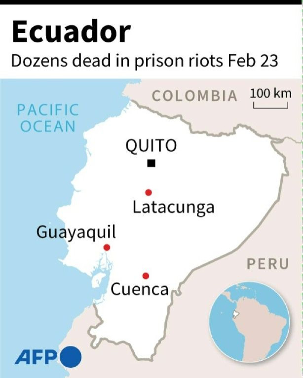 Map of Ecuador locating Guayaquil, Cuenca and Latacunga where dozens of inmates died in prison riots on Tuesday