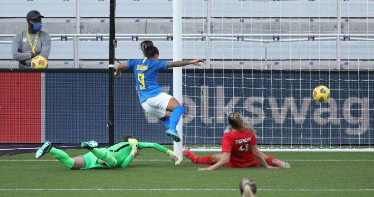Brazilian forward Debinha scores in the first half of a 2-0 victory over Canada in the SheBelieves Cup
