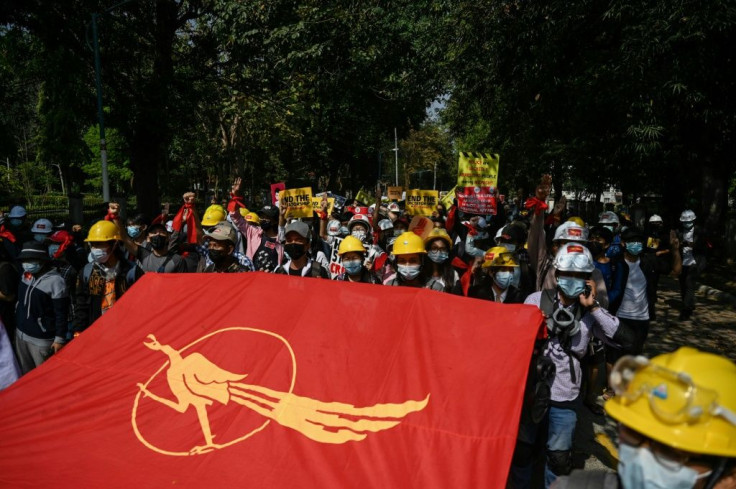 Students protest against the military government at Yangon University on Thursday