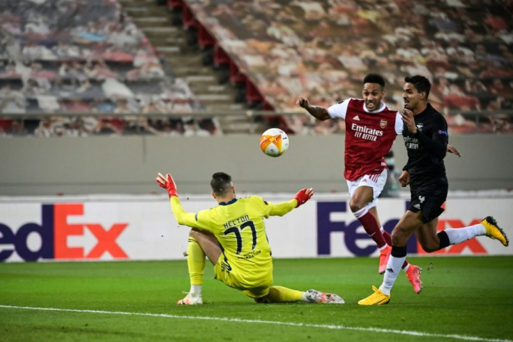 Pierre-Emerick Aubameyang (C) scored two of Arsenal's three goals in a win over Benfica in Greece
