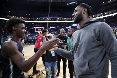  LeBron 'Bronny' James Jr. #0 of Sierra Canyon High School is greeted by his father LeBron James of the Los Angeles Lakers