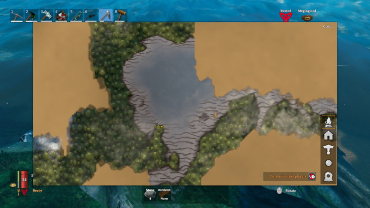 In Valheim, the clear water textures on the map represent an Ocean biome while the wavy textures indicate the presence of a buildable surface beneath the water