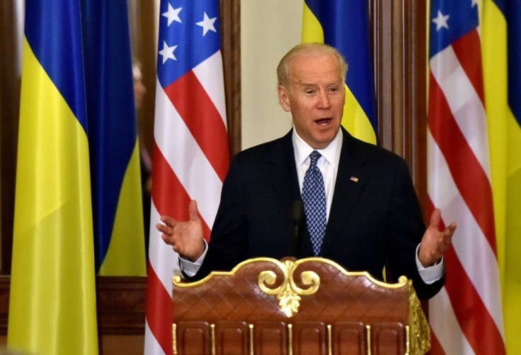 In this file photo taken on December 07, 2015, then-US Vice President Joe Biden speaks in Kiev, Ukraine