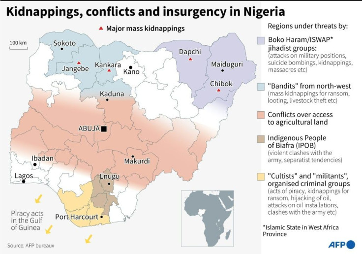 Map locating major mass kidnappings in Nigeria and other regions facing threats from conflicts, insurgency or criminal groups