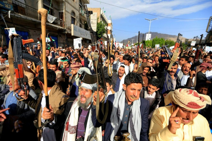 Supporters of the Yemeni Huthi rebels take to the steets of the capital Sanaa to protest  against the blockade imposed on their country by the Saudi coalition