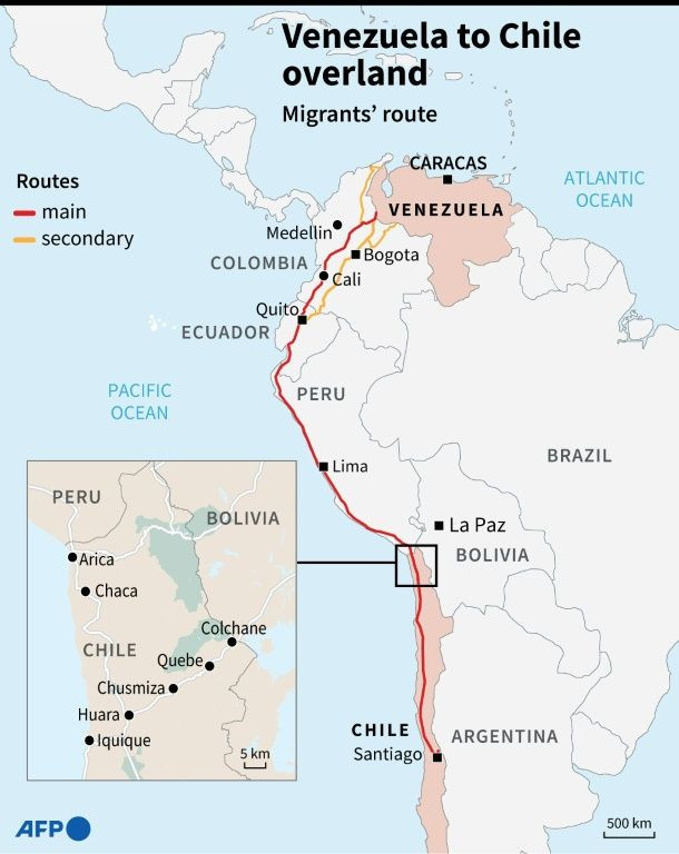 Map showing Venezuelan migrants' main route overland to Chile